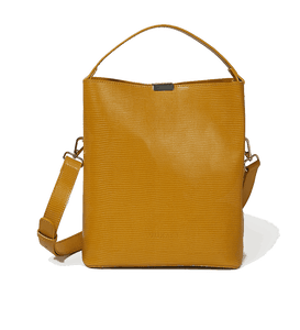 Yellow and gold vegan leather shoulder bag against a white background.