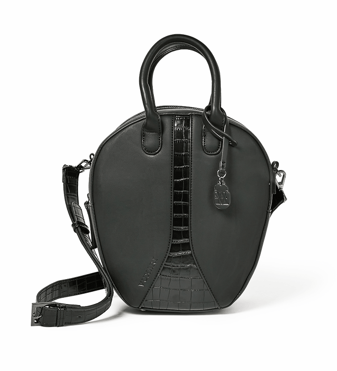 Black oval vegan leather shoulder bag with croc print inset sits against a white background.