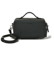 Load image into Gallery viewer, Black vegan leather crossbody bag with silver hardware sits against a white background.
