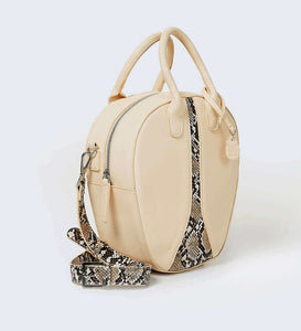 Cream and snake print vegan leather oval round shoulder handbag with silver hardware photographed against a white background with the Global Recycled Standard logo.