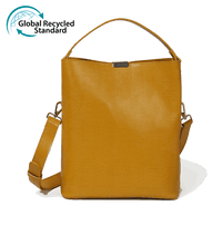 Load image into Gallery viewer, Mustard yellow vegan leather shoulder bag with the Global Recycled Standard logo photographed against a white background.
