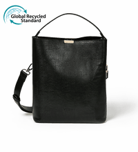 Load image into Gallery viewer, Black vegan leather shoulder bag with the Global Recycled Standard logo photographed against a white background.
