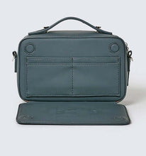 Load image into Gallery viewer, Teal vegan leather crossbody bag showing a hidden card compartment set against a white background.
