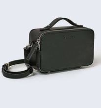 Load image into Gallery viewer, A black vegan leather crossbody handbag sits against a white background.
